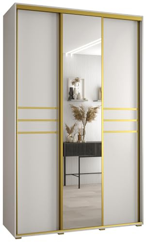 MEBLE KRYSPOL Davos 11 150 Schrank mit DREI Schiebetüren für Schlafzimmer - Moderner Schrank mit Spiegel, Kleiderstange und Regalen - 235,2x150x60 cm - Weiß Weiß Gold