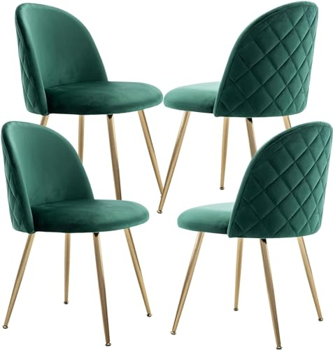 JINPALAY Pack 4 Sillas de Comedor de Terciopelo Silla Comedor Verde Sillas Cocina Sillas Tapizadas Silla de Salón de Metal Ajustables Piernas Moderna (Verde, 4)