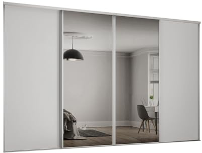 SPACEPRO Heritage Sliding Door Wardrobe with Mirror, 4 Door Sliding Wardrobe Kit with Modern Dove Grey Panel & Mirror (BSEN12600) Wardrobe for Bedroom Storage - Ideal for 2260mm x 2370mm opening