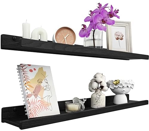 Handgearbeitet Wandregal Schwarz 90 cm, Regal Wand Holz 2er-Set, Hängeregal Wandhalterung Regalbrett, Modern Schweberegal, Schmales Bilderleiste für Badezimmer, Wohnzimmer, Küche, Schlafzimmer