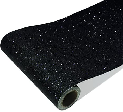 CRE8TIVE Black Glitter Wallpaper 20cm x 900cm Chunky Glitter Vinyl Wrap Contact Paper Self Adhesive Textured Wallpaper Waterproof Non-Woven Wallpaper for Bedroom Cupboard Packing Paper Mirror Frame