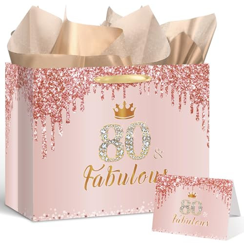Yoirrat Geschenktüte zum 80. Geburtstag in Roségold und fabelhaftem 80. Geburtstag für Frauen, große rosa Geschenktüte zum 80. Geburtstag mit Geschenkpapier und Karte für 80. Geburtstag, Dekoration,