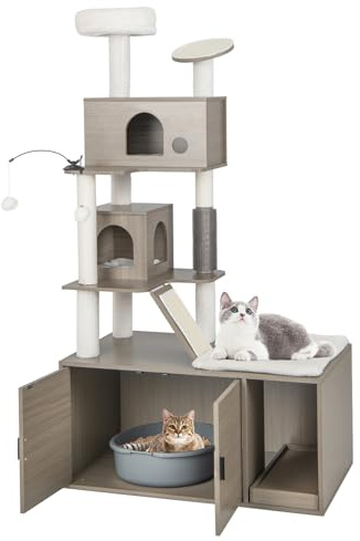 COSTWAY Kratzbaum mit Katzenschrank, Katzenbaum mit 2 Höhlen & Kratzbrett & Eingang & Spielball & Kissen & Rampe, All-in-One Katzenhaus, Katzenkratzbaum Groß, Katzenmöbel Katzen, 95x55,5x173cm, Grau