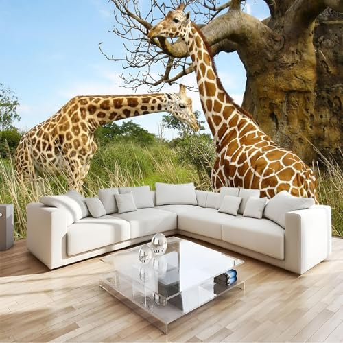 Papier Peint Intissé animal savane girafe Effet 3D Tapisserie Murales Papier Peint 200 x 140 cm Muraux Photo Décoration Murale Salon Chambre