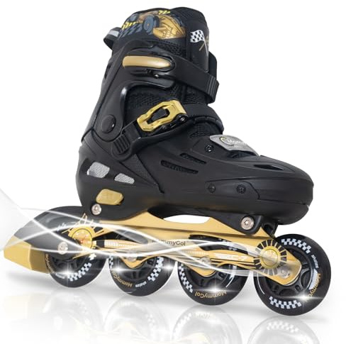 MammyGol Inline Skates for Boys and Girls Youth, 4 Size Adjustable Roller Skates with PU Flashing Wheels, Aggressive Inline Skates High Performance for Kids Age 6-12, Gold Black
