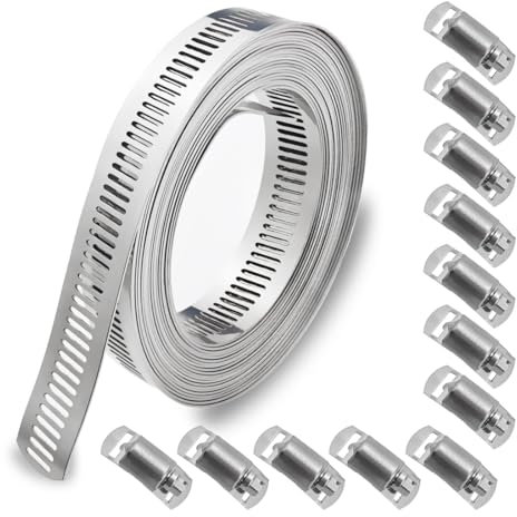 SHSMPXOY Abrazaderas Metalicas para Tubos,5m Correa de Metal Perforada + 12 Piezas Sujetador, Abrazaderas de Acero Inoxidable 304, Ajustable,para Tuberías de Gas Domésticas, Tuberías de Agua