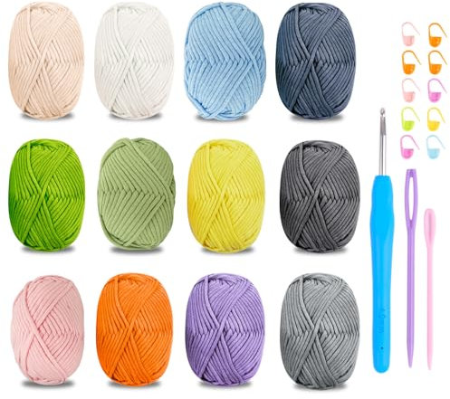Filato di cotone spesso per uncinetto, 12 x 50 g, per principianti, filato per amigurumi, con uncinetto da 4 mm, kit per uncinetto per principianti, verde