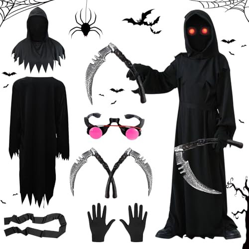 Costume Halloween, Mantello con Cappuccio, Costume Scream, Mantello Nero Scream Costume, Costumi Halloween, Costume Scream con Falce Della Morte Occhiali LED per Halloween Cosplay Bambini Carnevale