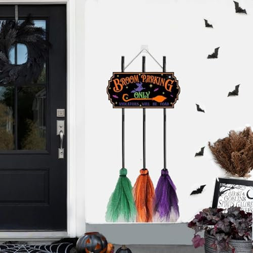 Halloween Hexen Deko, Lustige Besen Parkschild Mit 3 Hexenbesen, Broom Parking Sign, Hexen Zubehör, Halloween Hexen Schild Für Outdoor Haustür Verandas Wand