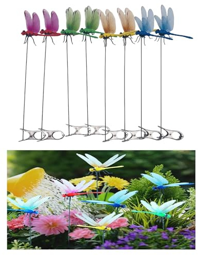 Will Like 8 Stück Realistische 3D-Dekorationsklammern für den Außenbereich Libellen-Clip, Libellen-Hut-Clip3D-Libellen-Gartenstecker, 3D-Libellen-Gartendekoration,für Außenterrasse, Blumentöpfe