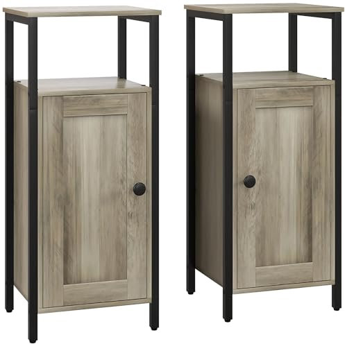 HOMCOM Juego de 2 Mesas Auxiliares para Salón Mesitas Auxiliares Industrial con Puerta Magnética y Estante Ajustable Mesita Auxiliar para Salón Dormitorio 34x30x80 cm Marrón Grisáceo