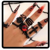Gothic Schwarz und Rot Nagel Ringe Totenkopf Spinnen Knochen Motive, Metall