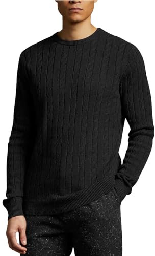 WJL WHISPERING JONES LONDON Mens Cable Knit Jumper Thick Weave Pullover Winter Fisherman Logo Knitted Sweater Long Sleeve Warm, Black - FE, L