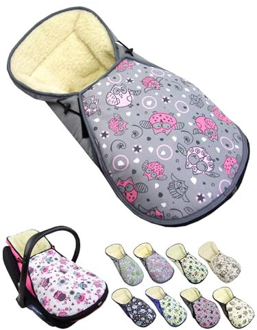 Fußsack für Babyschale [Winterfußsack] für Kinderautositz kompatibel mit Maxi Cosi Babyschalen Gruppe 0+ Lammwolle Sitzauflage verstellbar (Eule 2)
