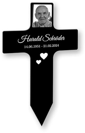 INDIGOS UG - Grabschmuck - 100 cm - Kreuz - wetterfester Gedenkpfahl als Grabstecker - Text, Datum und Foto - Schilder selbst gestalten mit Wunschname, Trauerspruch und Datum