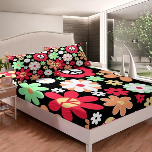 Loussiesd Retro Hippie Blume Spannbettlaken 90x200cm Frieden Kunst Bettlaken Set Atmungsaktiv 60S 70S Groovy Vintage Cartoon Floral Frieden Zeichen Kunstwerk Spannbetttuch Red Spannbettlaken