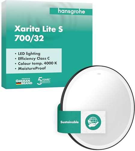hansgrohe Xarita Lite S - Spiegel mit Beleuchtung, runder Badezimmerspiegel mit LED-Beleuchtung, Badspiegel 700 x 700 x 30 mm, Lichtsteuerung über Wandschalter, Aluminiumrahmen, Mattschwarz, 54966670