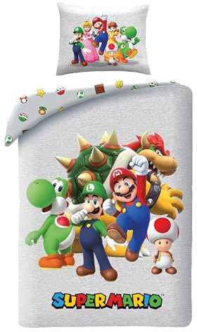 Bettwäsche Super Mario 135x200 + 80x80 · Mit Mario, Luigi, Toad, Peach, Wario & Yoshi · KinderBettwäsche Set 2-teilig Bettbezug + Kissenbezug · Deutsche Größe · Microfaser