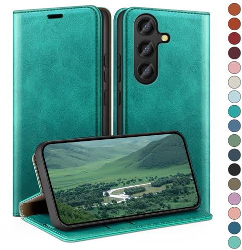 HUOUH für Samsung Galaxy S25 Hülle mit RFID Schutzhülle aus Lederhülle Handyhülle,Kartenfach Leder ständer Handy hülle,360 Grad Schutz Cover für Samsung S25 Klapphülle Wallet Case Blaugrün
