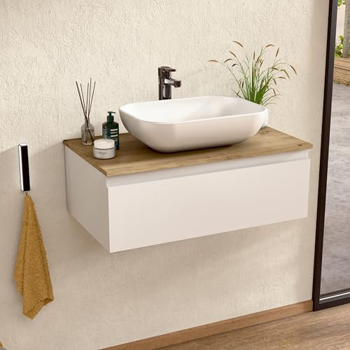 BELLOBATH - Mueble Baño Suspendido con Lavabo de Cerámica y Espejo, Mueble Baño con Lavabo Montado con 1 Cajón, 80 x 27 x 46 cm, Mueble Blanco y Tapa Roble