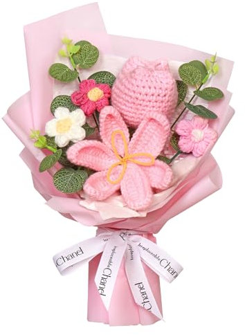 Dremisland Bouquet di tulipani artificiali all'uncinetto, realizzato a mano, bouquet di tulipani rosa, fiori finti composizioni floreali all'uncinetto, kit regalo per laurea, anniversario, compleanno