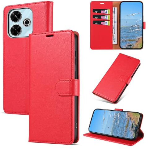 KKEIKO Handyhülle für Xiaomi Redmi 13 4G / Xiaomi Poco M6 4G Hülle, Magnet Klappbar Handyhülle mit RFID-Blockierung, PU Leder Stoßfest Schutzhülle für Xiaomi Redmi 13 4G / Xiaomi Poco M6 4G, Rot