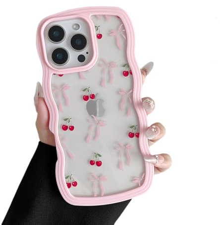 ZTOFERA for iPhone 12 Pro Max Case 6.7 inch,Cute Curly Wave Frame Shape Case with Cherry Ribbon Bow Pattern, Clear Slim Shockproof Hard PC Bumper Phone Cover for Women Girls, Peach Pink