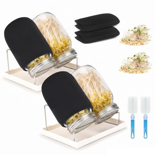 Deefongo Keimglas Sprossen Set, mit 304 Edelstahl Deckel, 86mm Weithals | Sprossenglas Set, Edelstahlsieb, Weithals Öffnung, mit Tablett & Ständer, Microgreens