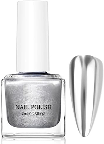 Silber Spiegel Nagellack - 7ML Metall Nail Polish, Spiegelnagellack Effekt Schnelltrocknend Chrom-Nagellack Rizinusöl Regulärer Fingernagellack Bruchsicherer Kein UV Nötig für Frauen (Silver)