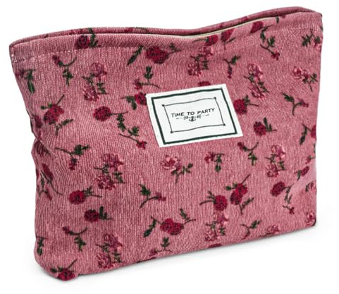 JOOTUEPO Cotton Makeup Bag, Portable Travel Cosmetic Bag, Small Floral Canvas Cosmetic Bag, Rose Flower Printing Corduroy Toiletry Bags, Quilted Wash Bags Organizer for Women Girls