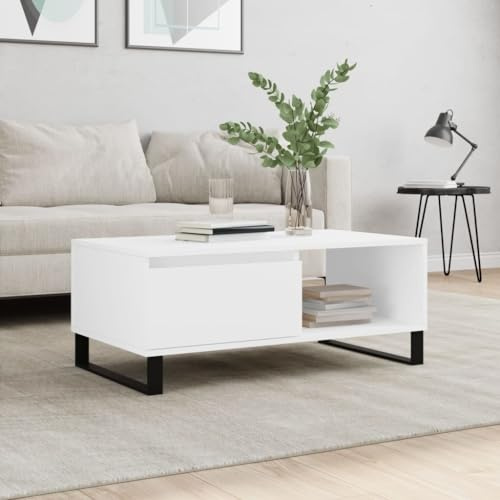 Runheo Couchtisch Weiß 90x50x36,5 cm, Holzwerkstoff, mit Stauraum, Metallbeine, rechteckig, für Wohnzimmer, modern