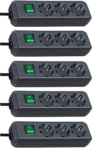 Brennenstuhl Eco-Line, Steckdosenleiste 3-Fach | mit Schalter - besonders stromsparend (Schwarz 1.5m Kabel | 5er Pack)