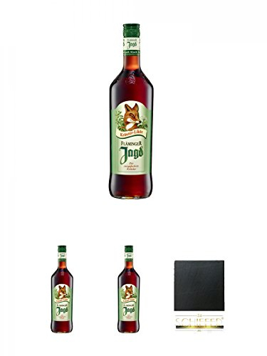 Fläminger Jagd Kräuterlikör 1,0 Liter + Fläminger Jagd Kräuterlikör 1,0 Liter + Fläminger Jagd Kräuterlikör 1,0 Liter + Schiefer Glasuntersetzer eckig ca. 9,5 cm Durchmesser