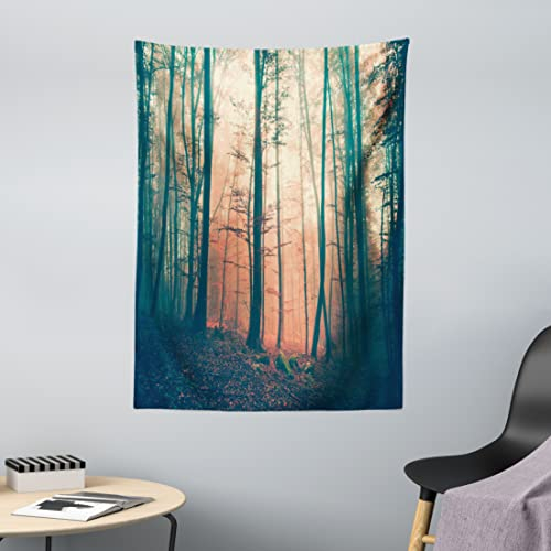 ABAKUHAUS Wald Wandteppich, Herbst-Waldwald aus Weiches Mikrofaser Stoff Waschbar ohne Verblassen Digitaldruck, 110 x 150 cm, Dunkelgrün Korallenrot
