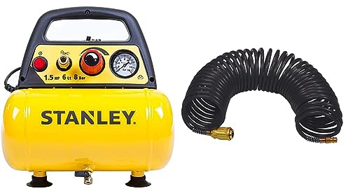 Stanley D 200 Compressore 6 Lt 1,5Hp, Pressione Max 8 Bar/116 Ps, Rumorosità 97 Db, 38 x 38 x 35 cm, 9 Kg & Tubo Spiralato 10 Metri Attacco Rapido