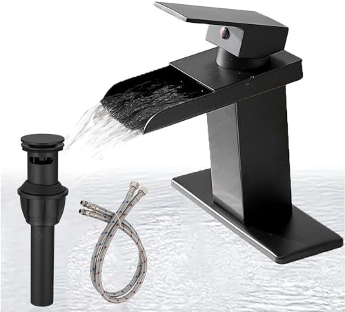 BATHLAVISH Robinet de salle de bain cascade à trou unique, noir mat, poignée unique, pour robinet d'évier à 1 ou 3 trous avec mitigeur de vidange pop-up pour lavabo et terrasse
