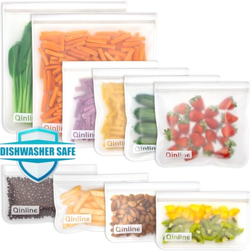 Qinline Reusable Food Storage Bags - 10 Pack Freezer Bags, Reusable Bags Silicone, Extra Thick Leakproof Reusable Lunch Bag for Salad Fruit Snack Travel - 2 Gallon 4 Sandwich 4 Snack Bags