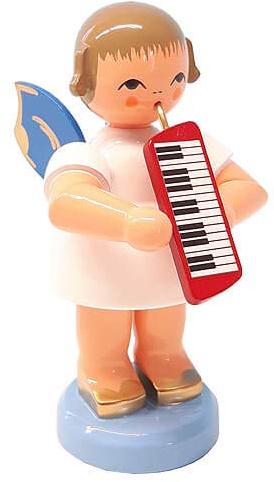 Kunstgewerbe Uhlig Engel mit Melodica - Blaue Flügel - stehend - 9,5 cm