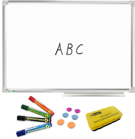 D.RECT Magnetisches Whiteboard SET mit Aluminiumleisten trocken abwischbar 60 x 45 cm Stiftablage und abwischbar Marker Rundspitze 4er Set 12 Stück Starke Tafelmagnete Whiteboard Schwamm