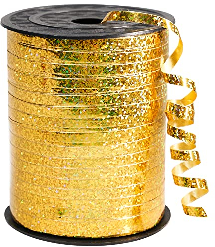 PartyWoo doré, 0,3 cm x 454,4 m pour travaux manuels, ondulé irisé, brillant pour emballage cadeau, ruban pour ficelle de ballons, cheveux, fleur de fleuriste (1 rouleau), Ribbon