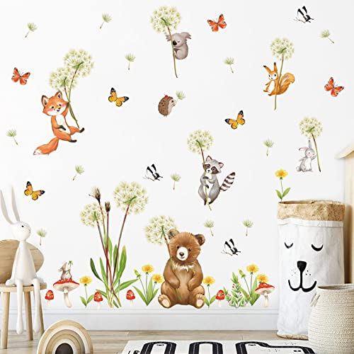 wondever Wandtattoo Löwenzahn Tiere Wandaufkleber Pusteblume Bär Fuchs Koala Wandsticker Wanddeko für Kinderzimmer Schlafzimmer Babyzimmer