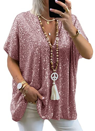 ORANDESIGNE T-Shirt à Paillettes Femme Haut Lâche Brillante Sequins Tee Shirt Chemisier à Manches Courtes Sweatshirt Paillettes Brillantes Soiree Bal Danse Club Rose XL