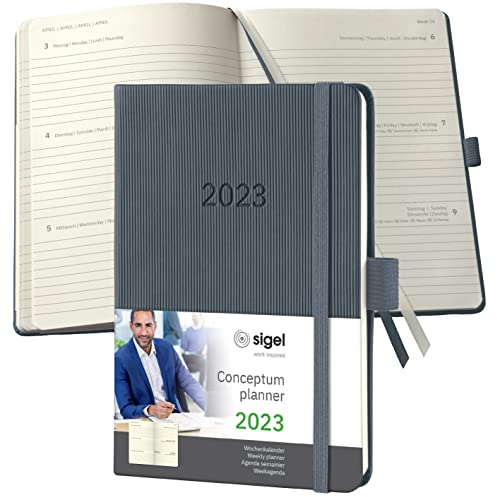 SIGEL C2367 Terminplaner Wochenkalender 2023 - ca. A6 - dunkelgrau - Hardcover - 176 Seiten - Gummiband, Stiftschlaufe, Archivtasche - PEFC-zertifiziert - Conceptum