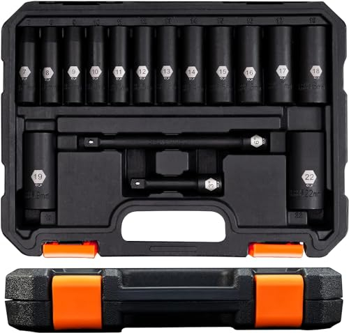PGROUP Schlagschrauber Nüsse Set 3/8”, Metrisch 7-22mm mit 3, 6-inch Verlängerungsstange, 16 Stück Sechskantschlüssel Set, Cr-V-Stahl