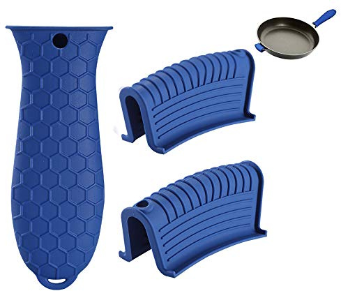 Silicone Hot Pan Handle Holder, 3Pcs Heat Resistant Non Slip Rubber Pot Handle Covers for Cast Iron Skillet Griddles Metal Frying Pans Kitchen Cookware (Blue)