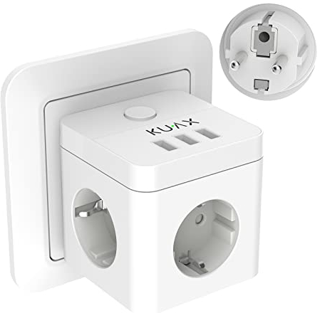 KUAX 6 en 1 Cubo Ladron Enchufes Triple con 3 Puertos USB, Enchufe Multiple Pared con Interruptor, Cargador Compatible con Phone, Pad, para Hogar Oficina
