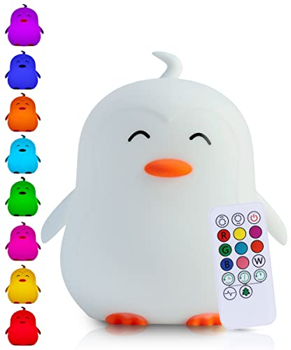 Kadoing® Pinguin Nachtlicht (Groß) - wiederaufladbare Nachtlampe mit Tippfunktion und Fernbedienung - Nachttischlampe für Kinder - Babylampe - Kinderlampe - Babyzimmer - Kinderzimmer - Kinderspielzeug