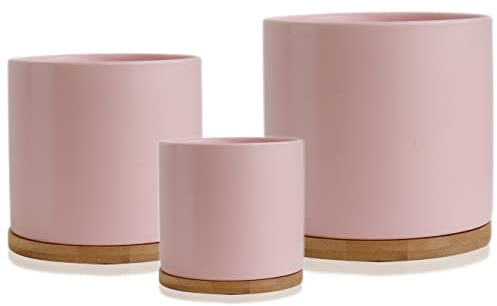Olly & Rose Set mit 3 Keramik-Blumentöpfen mit Bambus-Untersetzern, Pastellrosa, für den Innenbereich, Keramik-Blumentöpfe, Behälter, für den Außenbereich, groß, mittel, klein mit Untersetzern
