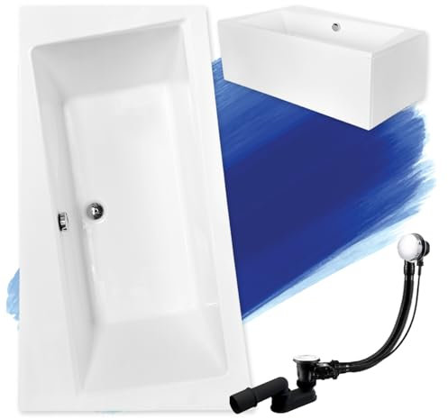 BADLAND Badewanne Original Weiß Acryl Wanne Eckbadewanne INFINITY 170x110 Links KOMPLETTSET SET mit Weiß Acrylschürze + Füßen und Exklusive Chrom Automatik Ablaufgarnitur Made in EU 4in1