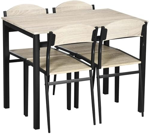 HOMCOM Set da Pranzo da 5 Pezzi con 1 Tavolo Rettangolare e 4 Sedie, in Acciaio e MDF, Nero e Rovere